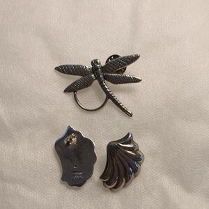 Silver tone Dragonfly eyeglasses holder and sterling silver earrings